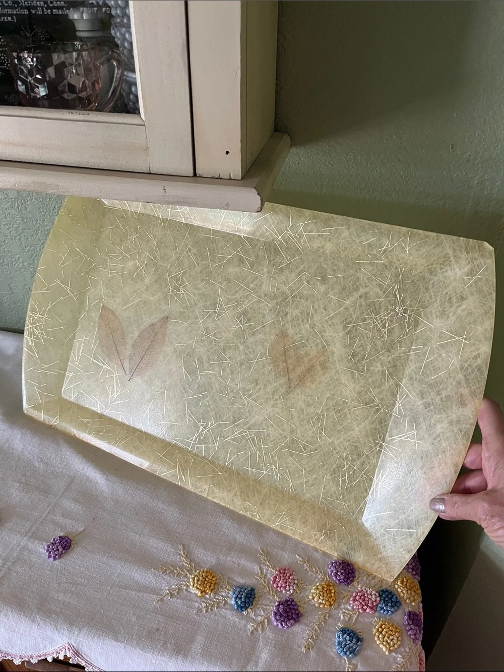 Vintage 1950s Fiberglass Serving Tray Embedded Leaves Gold Metallic MCM